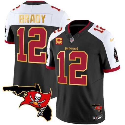 Men%27s Tampa Bay Buccaneers #12 Tom Brady Black White With Florida Patch Gold Trim Vapor Stitched Jersey Dyin->tampa bay buccaneers->NFL Jersey
